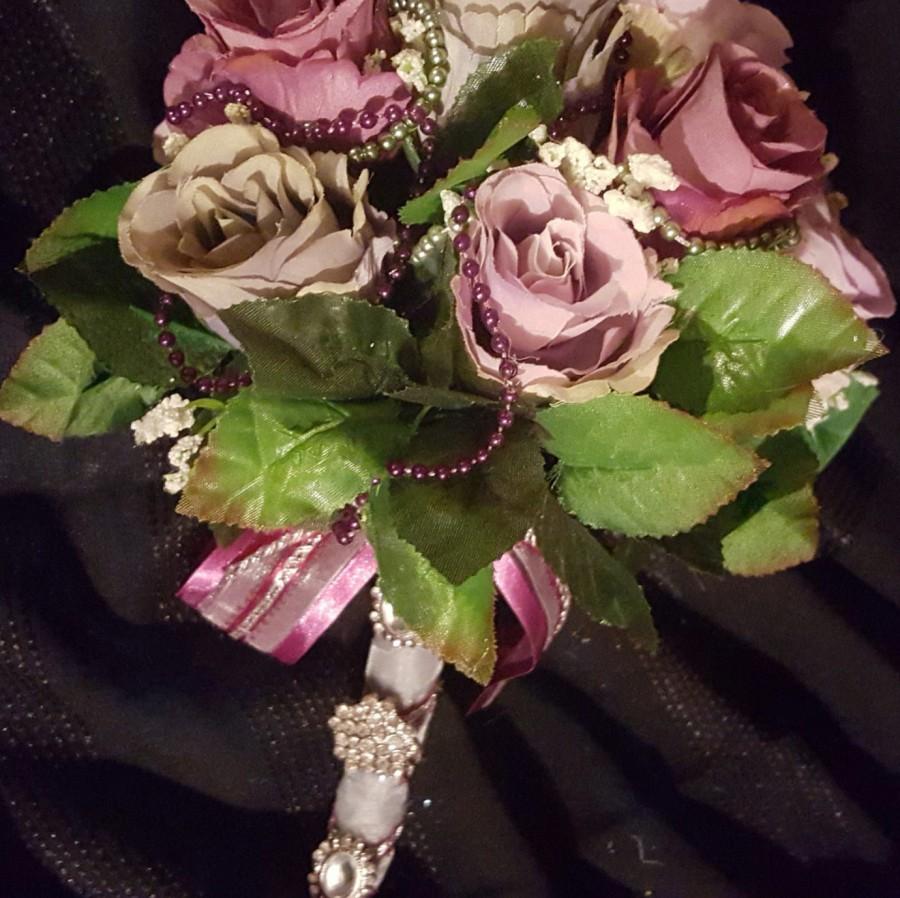 زفاف - Gray, Cranberry, Violet Rose Bud Wedding Bridal Bouquet