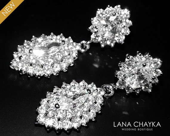 Hochzeit - Cubic Zirconia Marquise Halo Earrings Bridal Luxe Clear CZ Earrings Wedding CZ Post Earring Statement Earring Bridal Cubic Zirconia Jewelry