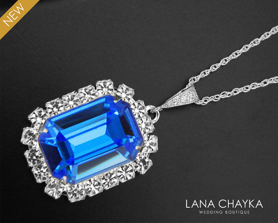 زفاف - Sapphire Blue Halo Crystal Necklace Swarovski Rhinestone Large Pendant Wedding Royal Blue Necklace Dark Blue Silver Octagon Bridal Necklace