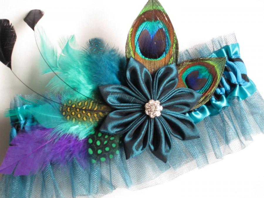 Hochzeit - Peacock Wedding Garter, Prom Garter, Zebra Garter, Turquoise Garters, Teal Blue Bridal Garter with Feathers, Bridal Kanzashi