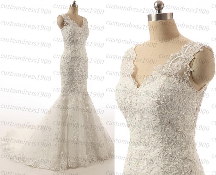 Свадьба - 100% Handmade Beading/Crystal Tulle Bridal Gowns Cap Sleeve White Ivory Mermaid Wedding Dress Sexy V-Back