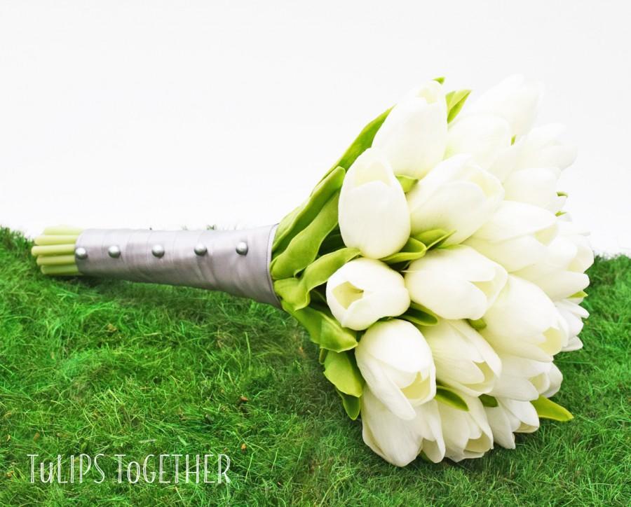 Hochzeit - White Real Touch Tulip Wedding Bouquet - Ready for Quick Shipment 2 Dozen Tulips Customize Your Wedding Bouquet - Bridal Bridesmaid Bouquet