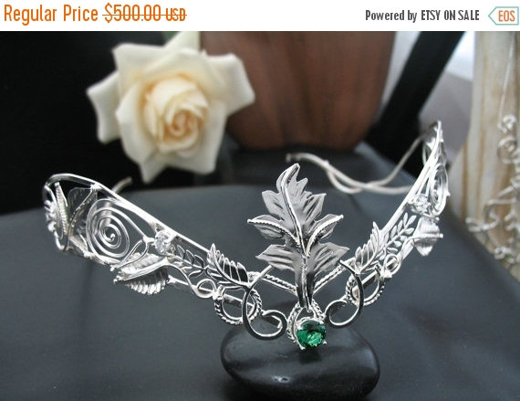زفاف - Bridal Wedding Large Headpiece, Handmade Leaf Crown Sterling Silver, Woodland Bridal Tiara, OOAK Circlet, Gemstone Wedding Headpiece