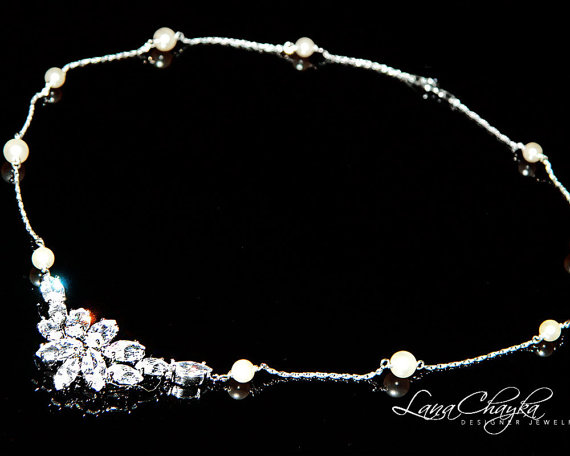 زفاف - Bridal Pearl Cubic Zirconia Necklace Wedding Ivory Pearl Statement Pearl Necklace Swarovski Pearl Sterling Silver Necklace FREE US Shipping