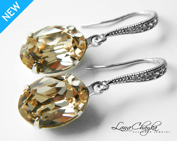 Hochzeit - Champagne Light Silk Earrings, Swarovski Rhinestone, Light Silk Oval Earrings, Sterling Silver CZ Crystal Earrings, Wedding Crystal Jewelry