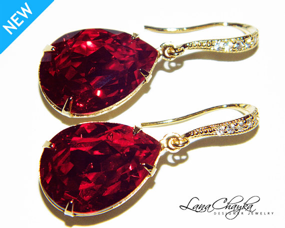 Mariage - Dark Red Crystal Earrings Siam Red Rhinestone Gold Earrings Vermeil Gold CZ Red Earrings Swarovski Siam Rhinestone Wedding Jewelry Bridal