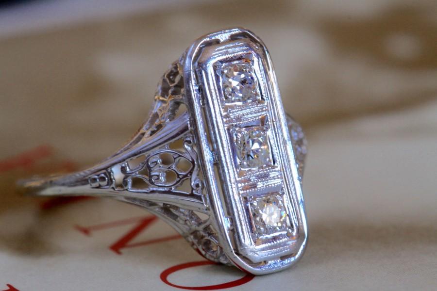 Wedding - Antique Diamond Engagement Ring 18k White Gold Art Deco Art Nouveau Filigree Shield Setting Wedding Ring