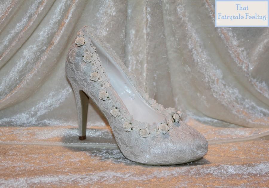 Свадьба - Embellished Ivory lace shoes lined with ivory roses and vintage lace - Shabby Chic, Wedding: Sweet and elegant custom heels