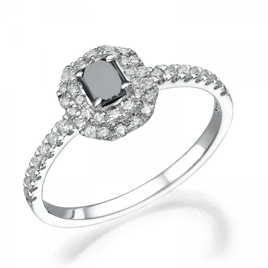 زفاف - Black Diamond Engagement Ring, 18K White Gold Ring, 0.57 TCW Emerald Cut Engagement Ring, Halo Ring, Unique Engagement Ring