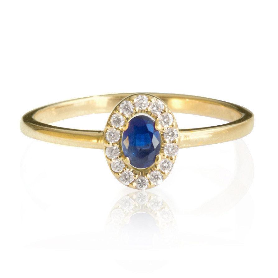 زفاف - Blue Sapphire Engagement Ring, 14K Rose Gold Ring, Halo Ring, Unique Engagement Ring, Delicate Ring, Oval Engagement Ring