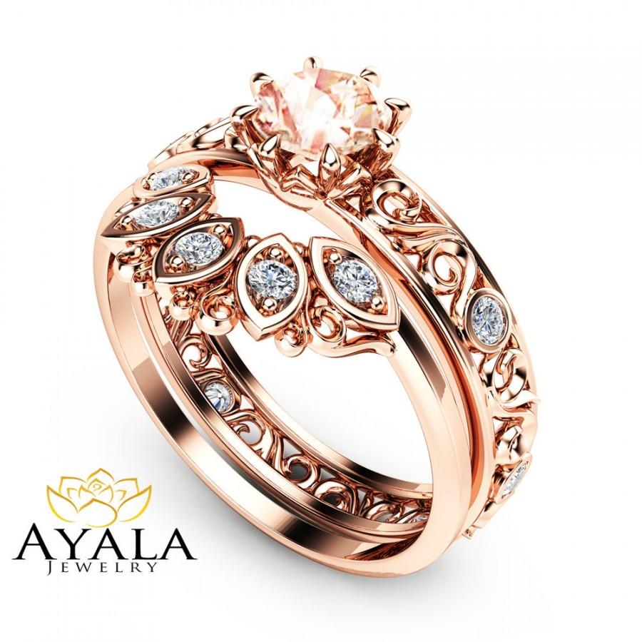 Hochzeit - Filigree Design Morganite Wedding Ring Set in 14K Rose Gold Unique Peach Pink Morganite Engagement Set Art Deco Styled Wedding Ring Set