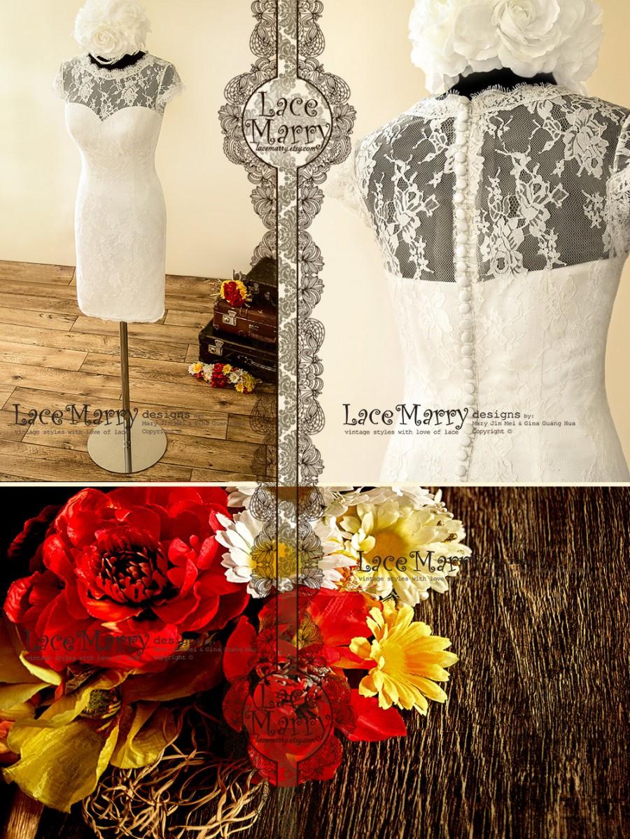 زفاف - Sheath Style Short Wedding Dress from Delicate Lace and Satin with Illusion Sweetheart Neckline Featuring Cap Sleeve and Buttons on the Back