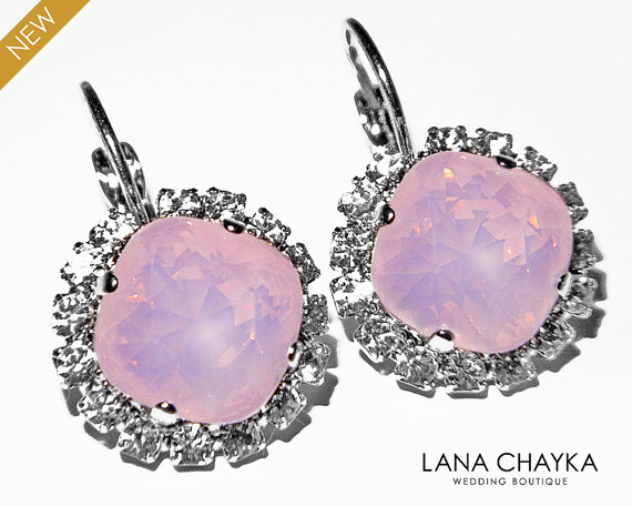 Wedding - Rose Water Opal Halo Earrings Swarovski Pink Opal Crystal Rhinestone Silver Earrings Light Pink Leverback Hypoallergenic Earrings Weddings