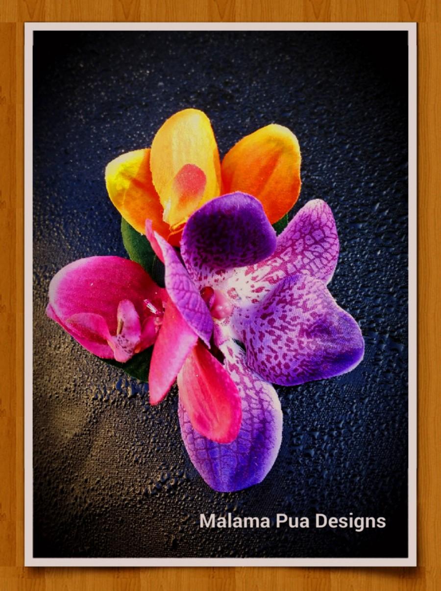 Свадьба - PETITE TROPICAL HAIR Clip, Orange, Fuchsia & Purple Orchids, Custom, Bridal hair Flower, Swarovski Crystals, Beach Wedding, Hawaiian, Custom