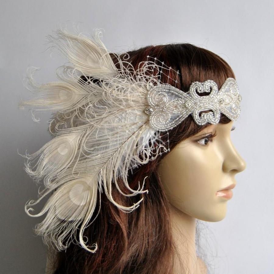 Hochzeit - Ivory Peacock Dream The Great Gatsby Headband, 1920s Flapper rhinestone Headband Headdress, bridal crystal peacock headpiece headband,ivory