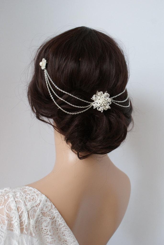 Свадьба - Wedding Headpiece with pearls -Silver Headchain Bridal Hair accessory - 1920s wedding dress - Downton abbey Headpiece - 1920s Headpiece