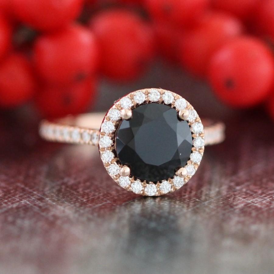 Свадьба - Black Spinel Gemstone Halo Diamond Engagement Ring in 14k Rose Gold Half Eternity Diamond Wedding Band (Bridal Wedding Ring Set Available)