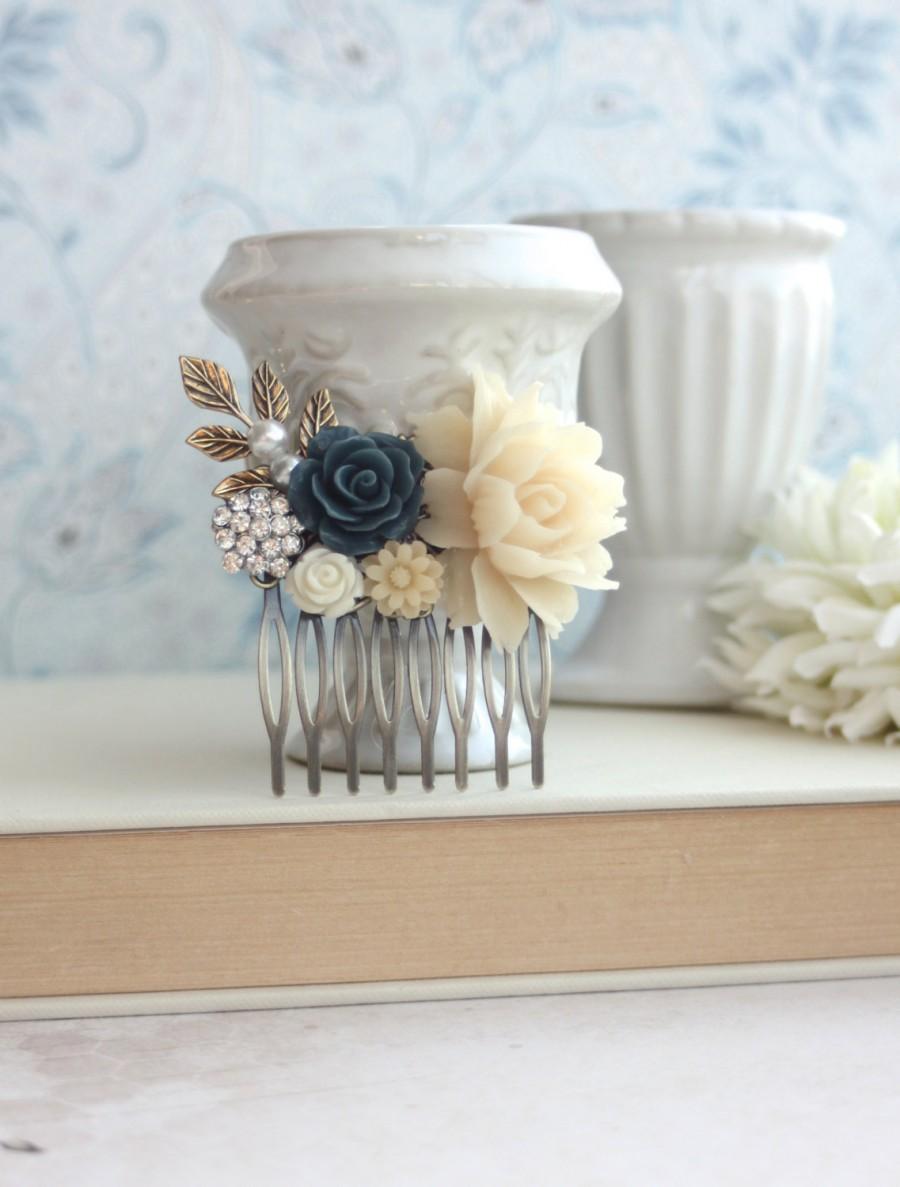 Hochzeit - Ivory Rose, Navy Blue, Crystal Rhinestone, Sprig Leaf, Beige Cream, Unique Flower Comb. Vintage Rustic Blue Ivory Wedding. Prom Graduation