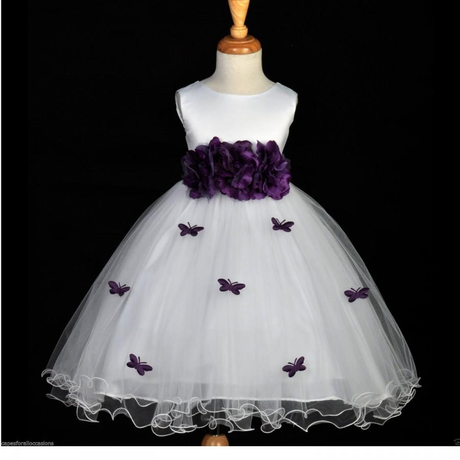 Mariage - White Purple Butterflies Flower girl dress tie sash pageant wedding communion recital tulle bridesmaid toddler 12-18m 2 4 6 8 10 