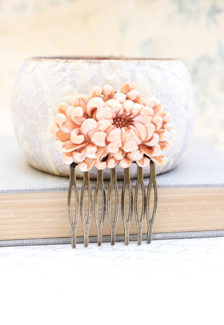 Wedding - Peach Chrysanthemum Hair Comb Light Orange Peach Flower Hair Comb Spring Bridal Comb Hair Accessories Garden Wedding Bridesmaids GIft