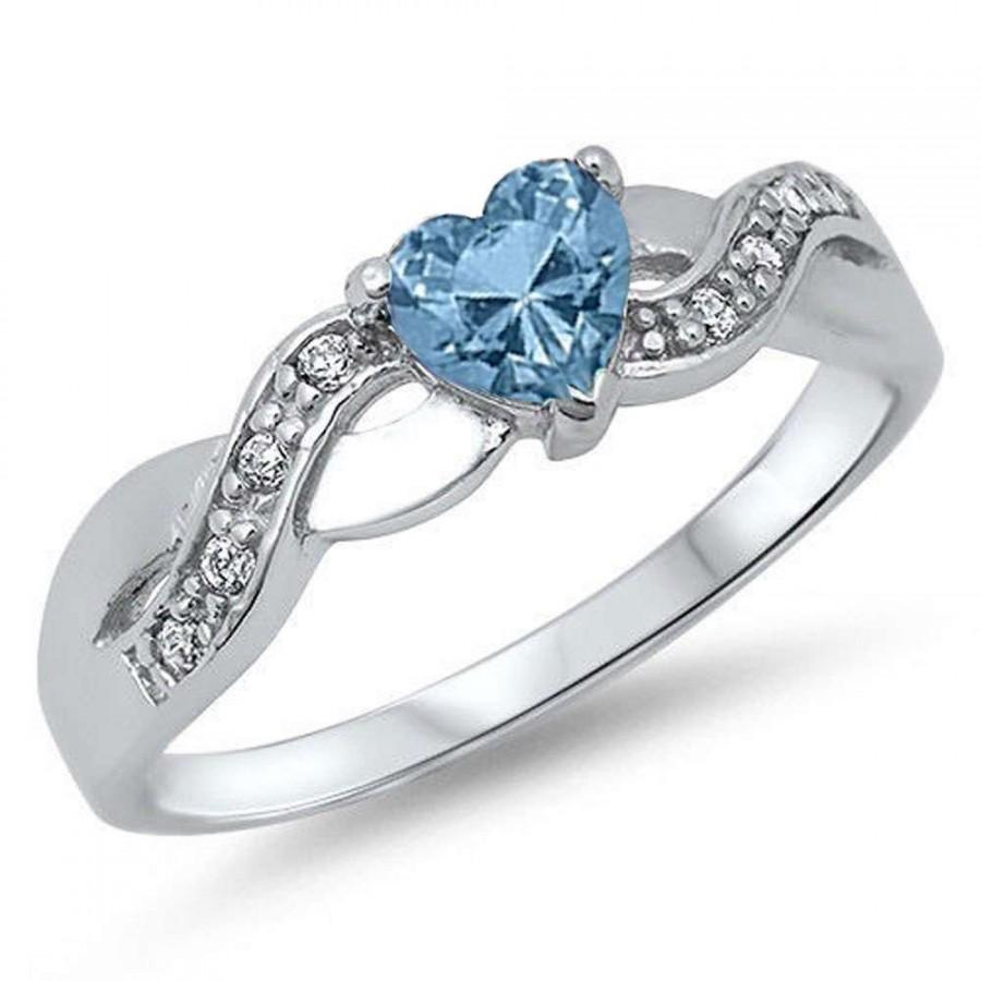 Wedding - Heart Ring Infinity Ring Heart Shape Blue Aquamarine Round Clear CZ Solid 925 Sterling Silver Wedding Engagement Promise Ring valentines