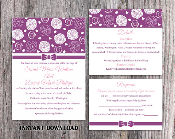 Свадьба - DIY Wedding Invitation Template Set Editable Word File Instant Download Printable Purple Wedding Invitation Floral Rose Wedding Invitation