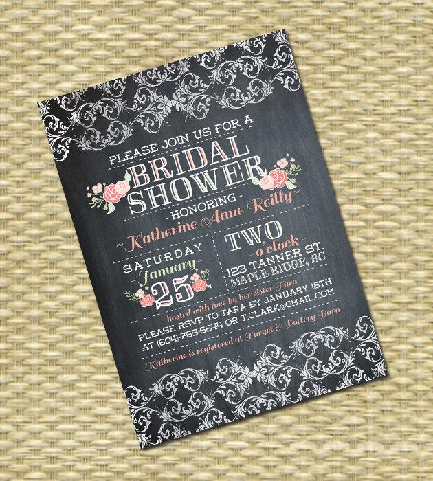 Wedding - Chalkboard Bridal Shower Invitation, Garden Blooms Flower & Lace Typography Printable Invites