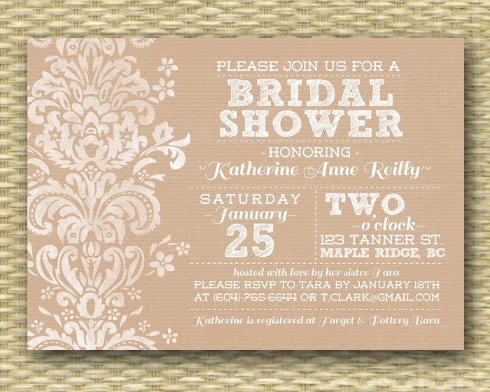 Hochzeit - Bridal Shower Invitation Rustic Kraft Damask Lace Shabby Chic Rustic Bridal Shower Bridal Brunch Birthday Invitation, Any Event