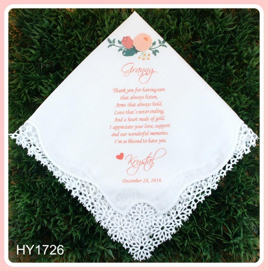 Hochzeit - Grandmother Handkerchief from the Bride-Weddings-PRINT-CUSTOMIZED-Wedding Hankies-Grandmother Gift-Grandma Hankerchief-Bride Gift to Granny