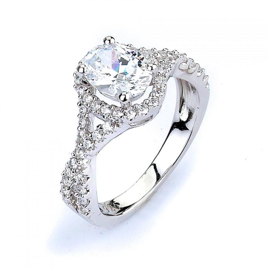 Hochzeit - Oval CZ Halo Engagement Ring - Twisted Split Shank Wedding Cubic Zirconia Silver Rhodium