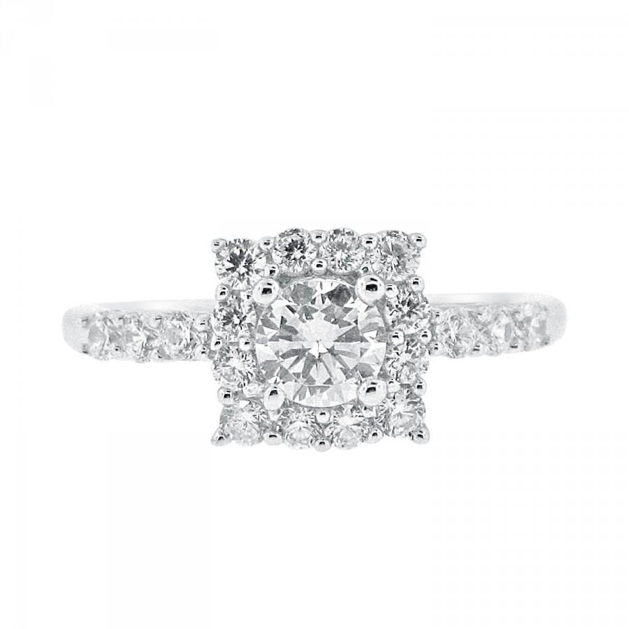 زفاف - Stunning Square Halo CZ 1/2 Carat Engagement Ring - Cubic Zirconia 0.50 ct Sterling Silver Rhodium