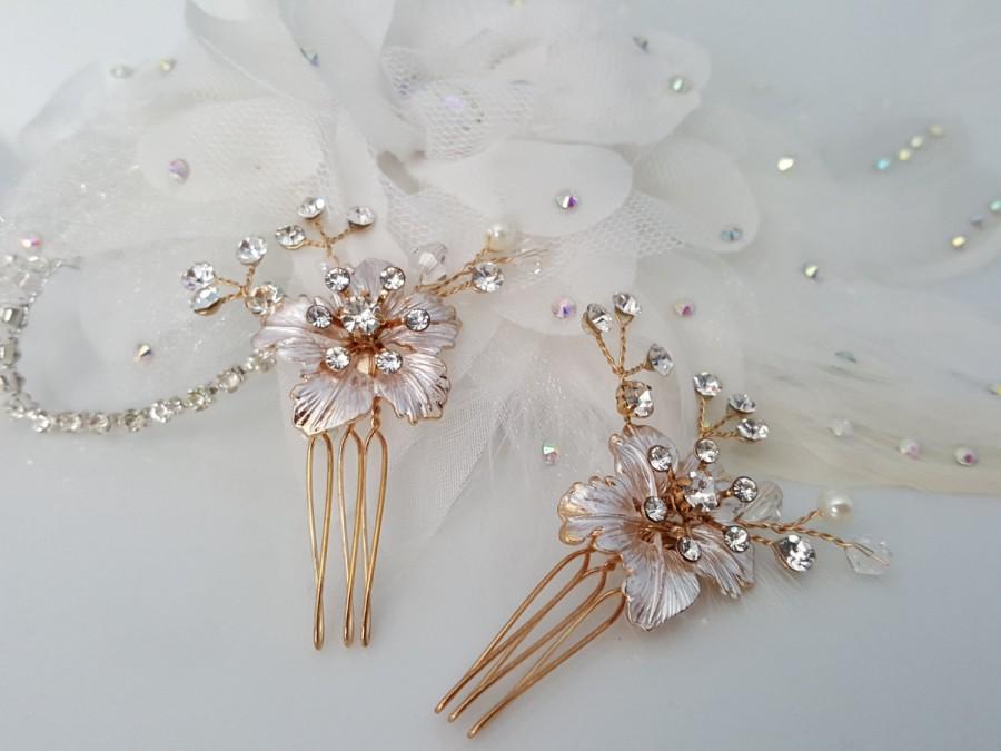 Mariage - Bridal Comb Rose Gold Wedding Hair Comb Small Hair Comb Crystal Leaf Comb Set of 2