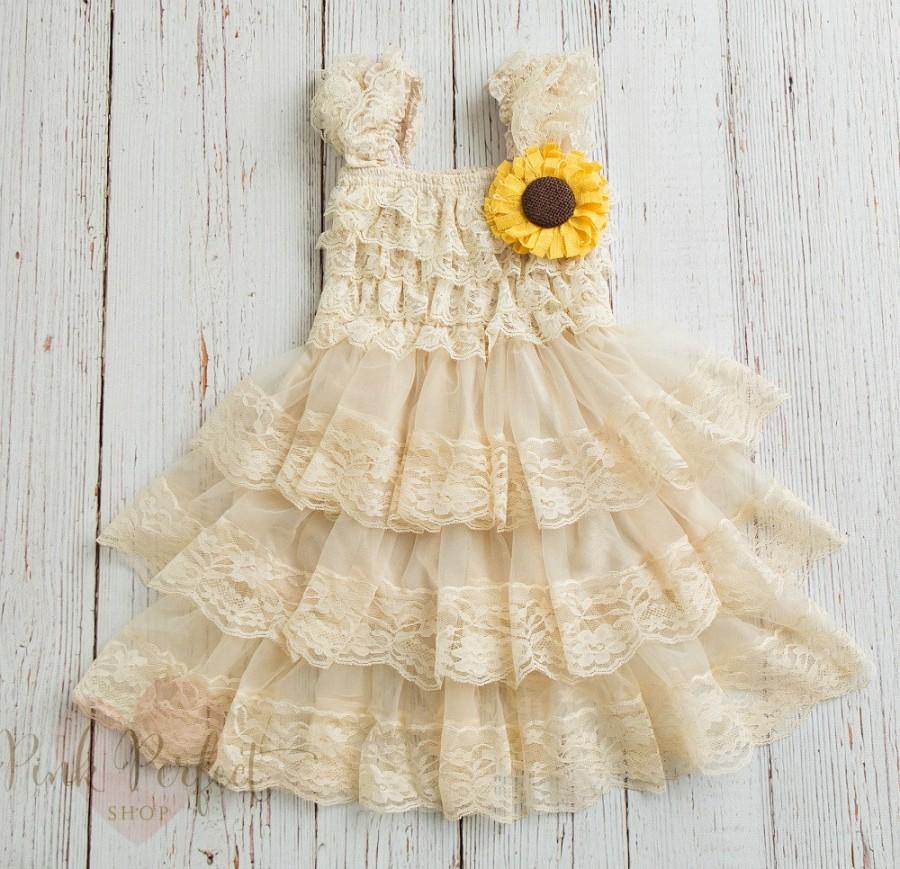 زفاف - Rustic Flower Girl Dress ,Sunflower dress, Country flower girl dress, Girls dress, Flower girl lace dress, Baby dress,Sunflower burlap dress