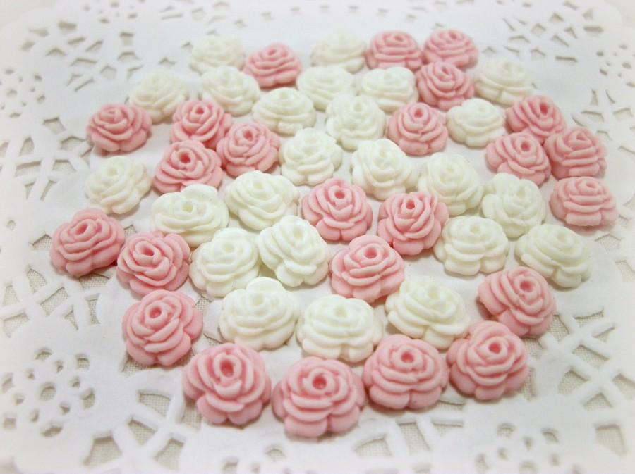 Wedding - Sugar Flower White Pink Fondant Rose Gumpaste Edible Fondant Cake Cupcake Topper Wedding Candy Favor, Baby Shower Gift, Flower Topper-set 50