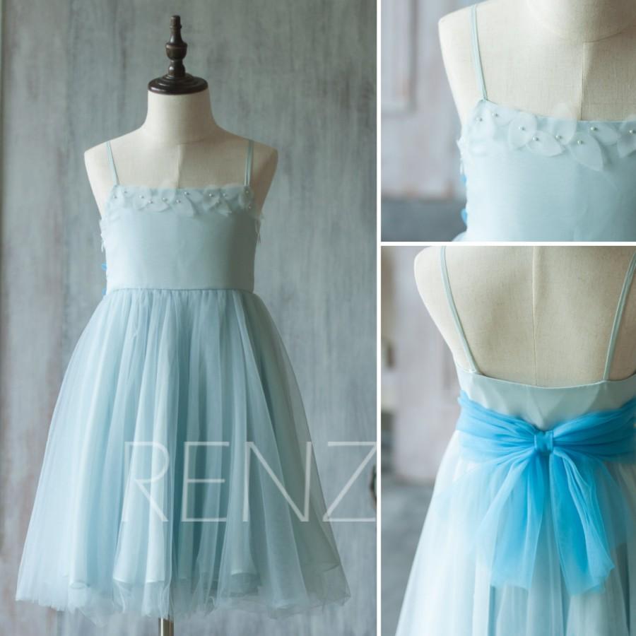 Hochzeit - 2015 Light Blue Junior Bridesmaid Dress, Flower Girl Dress, Mesh Beading Dress (LK053)