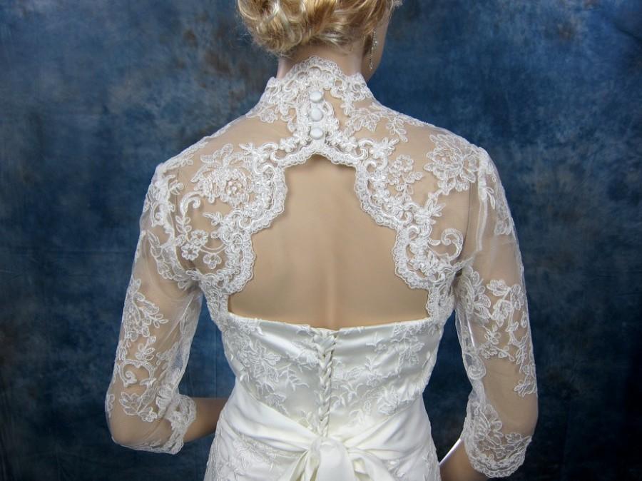 Mariage - Sale-3/4 sleeve bridal bolero bridal jacket bridal alencon lace bolero jacket wedding bolero jacket keyhole back white and ivory-was 129.99