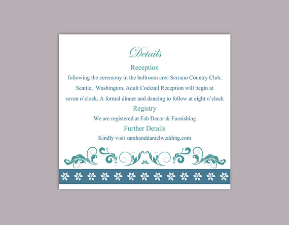 Hochzeit - DIY Wedding Details Card Template Editable Word File Instant Download Printable Details Card Teal Blue Details Card Elegant Enclosure Cards