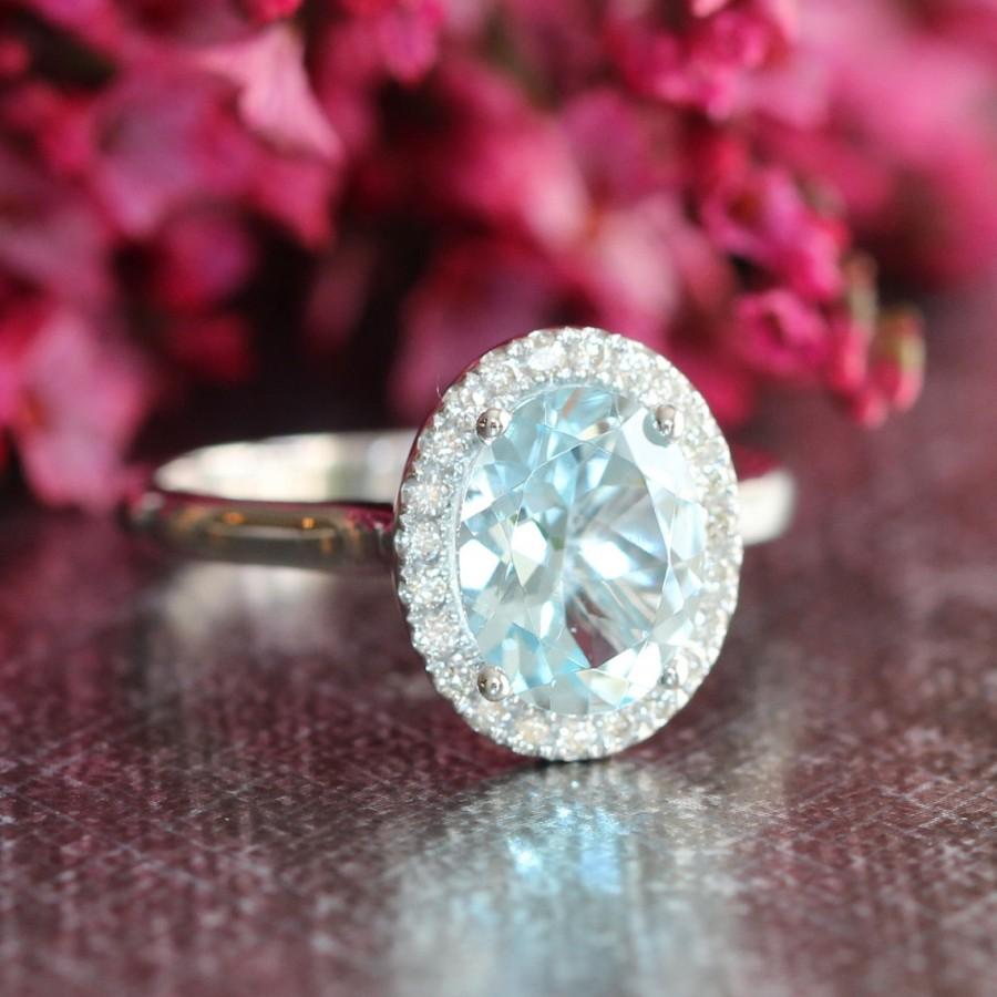 Свадьба - Halo Diamond and Aquamarine Engagement Ring in 14k White Gold 9x7mm Oval Aqua Ring (Bridal Wedding Ring Set Available)