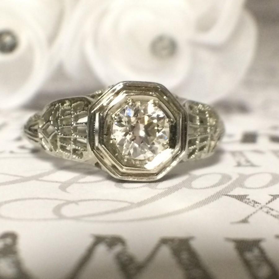 Свадьба - Antique Diamond Engagement Ring, Old European Cut Diamond Ring, 1/3 Carat Diamond Filigree Ladies Ring, Anniversary Gift Girlfriend Wife