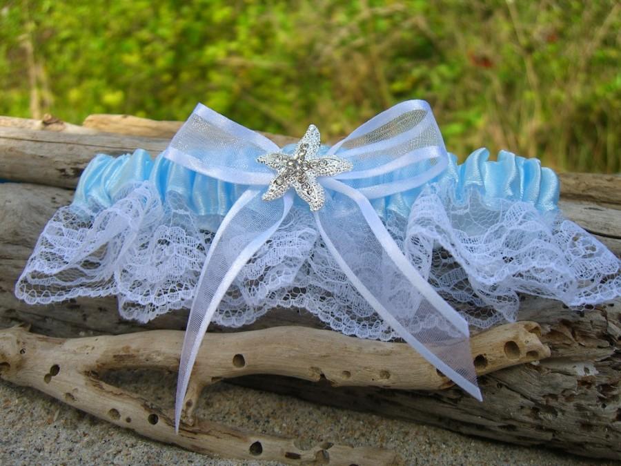 Mariage - Starfish Beach Wedding Garter-SOMETHING  BLUE-Beach Weddings, Bridal Garter, Blue and White Garter, Vegan Friendly, Nautical Wedding