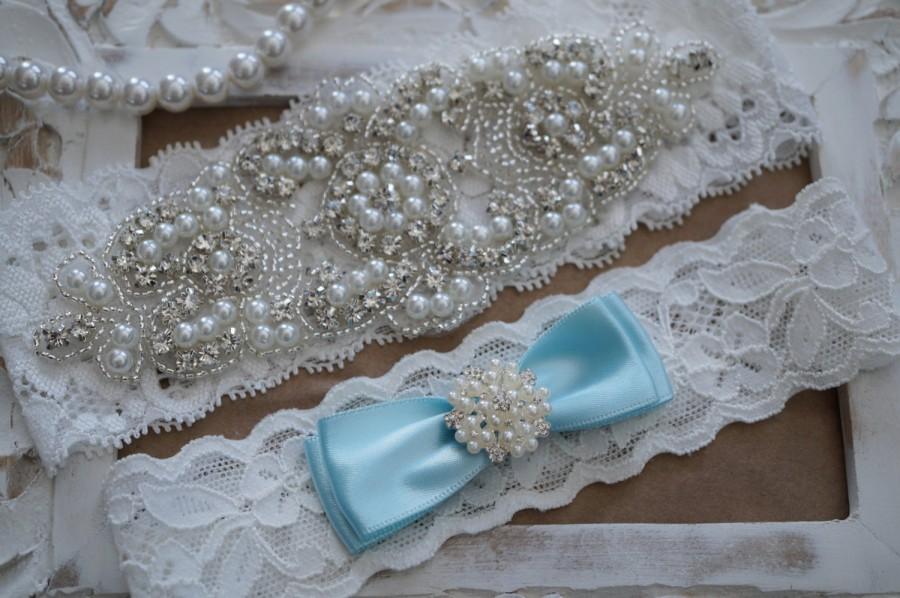 Wedding - Wedding Garter Set, Bridal Garter Set, Vintage Wedding, Ivory Lace Garter, Pearl Garter, Something Blue