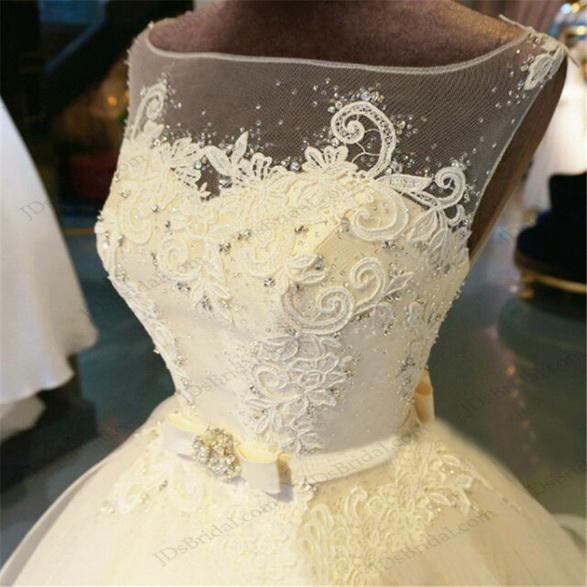 Свадьба - JW16209 Dreamy sheer bateau neck lace tulle princess wedding dress