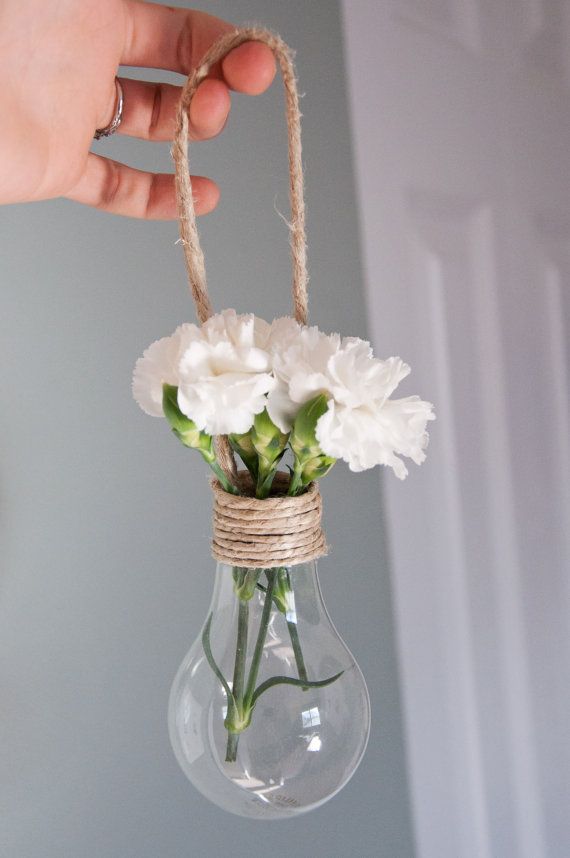 Hochzeit - Set Of 8 Hanging Light Bulb Vase Decorations - Wrapped In Natural Jute For Outside Weddings