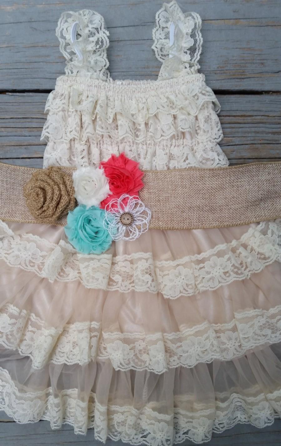 Wedding - Lace Flower Girl Dress -Lace Pettidress/Rustic Flower Girl/Country Flower Girl Dress-Country Wedding-Vintage Wedding-Burlap Sash-Coral-Mint