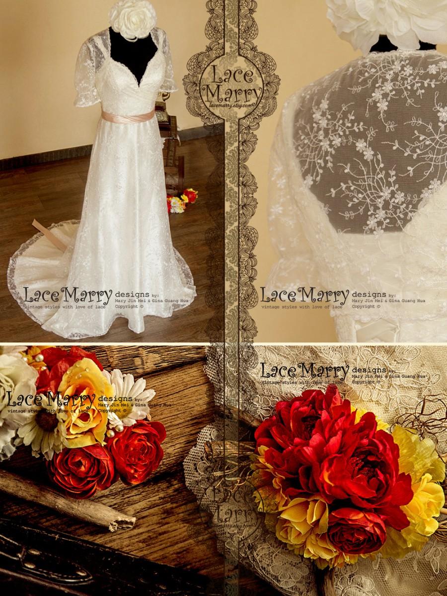 Свадьба - Fairy Tale Sheath Style Lace Wedding Dress with Soft Lace Bolero, Features Deep Lace Trimmed Neckline and Straps, Comes with Satin Sash