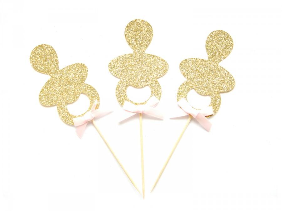 زفاف - 12 Gold Glitter Baby Pacifier Cupcake Toppers - Baby dummy cupcake toppers, Baby Girl cupcake toppers, Baby shower cupcake toppers