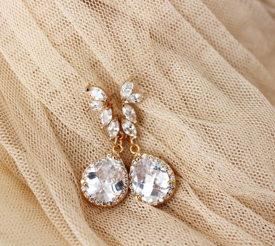 Hochzeit - Gold wedding jewelry gold crystal bridal earrings flower LUX teardrop cubic zirconia earrings bridal jewelry Mother's Day gift earrings