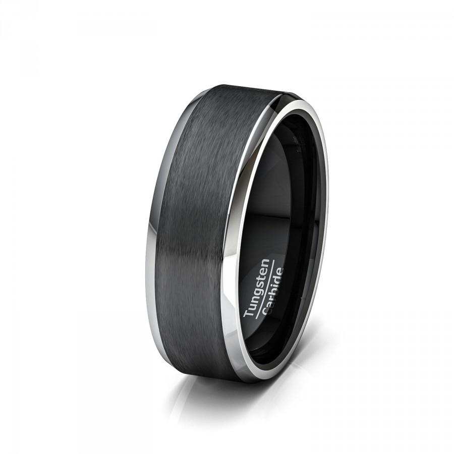 Wedding - Mens Wedding Band 8mm Black Tungsten Rings Brushed Matte Finish Two Tone Beveled Edge Comfort Fit Tungsten Carbide Ring