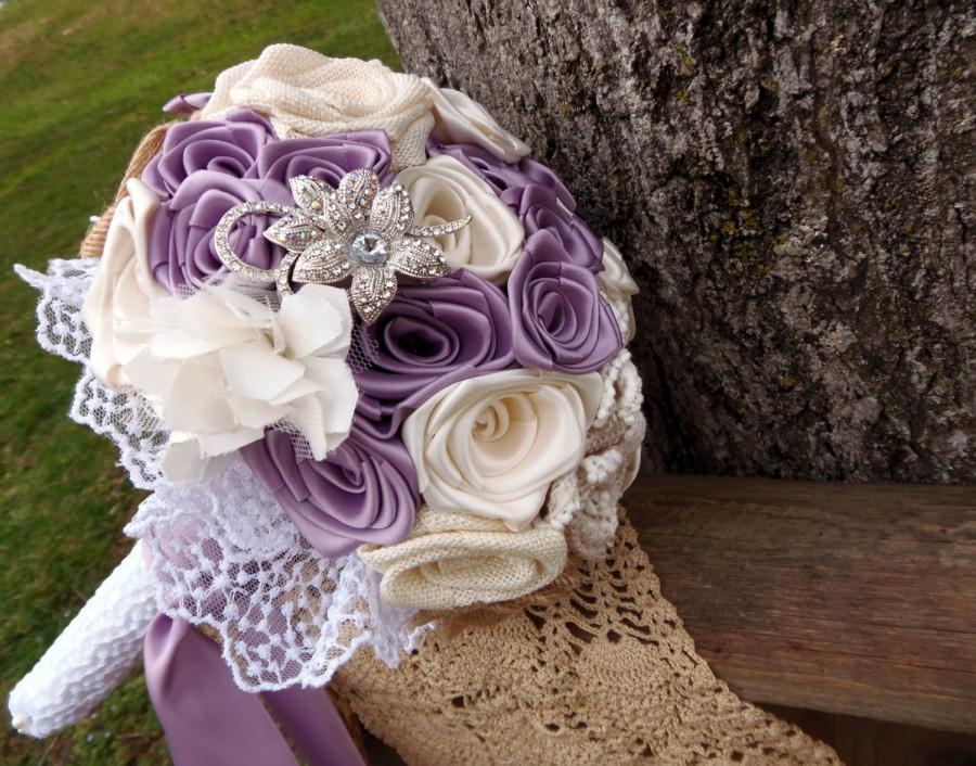 Hochzeit - Rustic Refined Bridal Wedding Bouquet in Burlap Fresco Purple