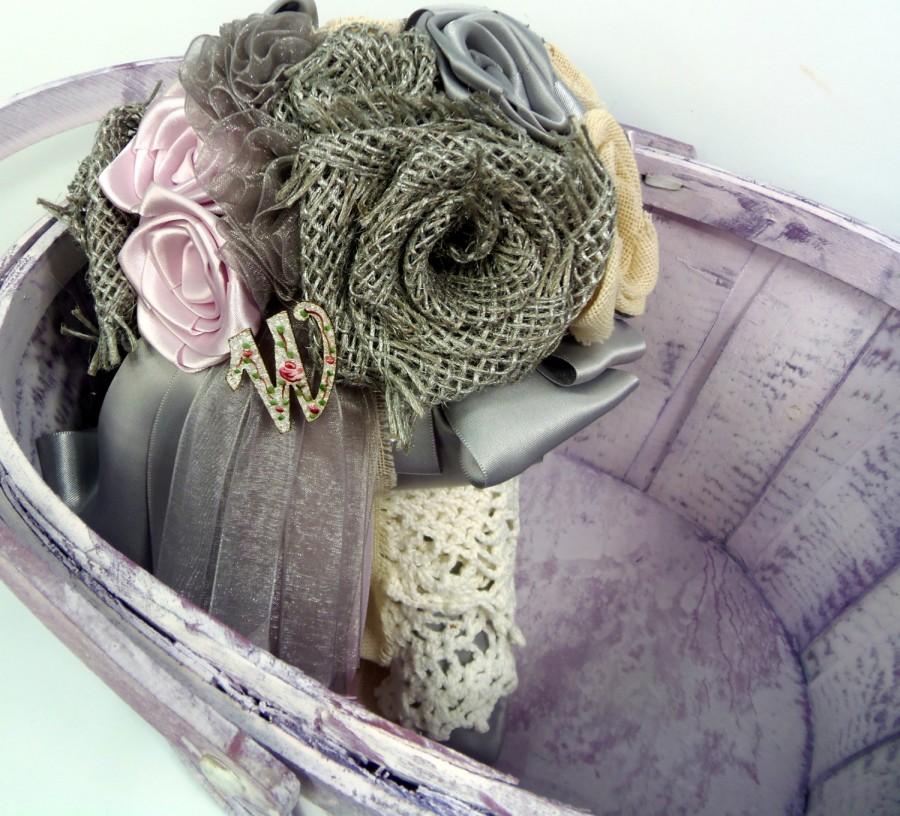 Hochzeit - Rustic Gray Burlap Bridal Bouquet with Lavender and Cream Roses